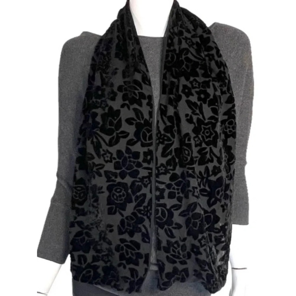 Cejon Accessories Black Floral Burnout Velvet Silk Blend Scarf Rectangular
